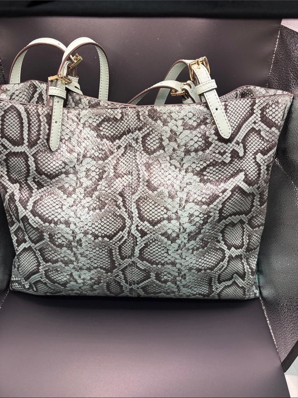 Michael Kors Mint Snake-Print Tote with Matching Wristlet and White Sneakers